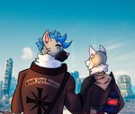 anthro city clothed clothing duo female male unknown_artist amorous cd_projekt_red cyberpunk_2077 jye sharkface_(character) skye_(amorous) canid canine fox mammal hi_res