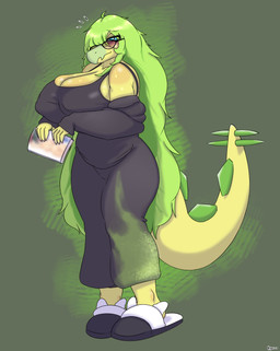 anthro big_breasts black_clothing black_dress blue_eyes book breasts clothed clothed_anthro clothed_female clothing dress eyebrow_through_hair eyebrows eyewear female fingers footwear glasses green_background green_body green_hair hair hair_over_eye head_turned holding_book holding_object huge_breasts long_hair looking_at_viewer nipple_outline non-mammal_breasts otaku shoes simple_background slippers solo spiked_tail spikes spikes_(anatomy) surprised tail text translucent translucent_hair hyuvevo goodbye_volcano_high ko_op_(game_developer) stella_(gvh_beta) dinosaur ornithischian prehistoric_species reptile scalie stegosaurian stegosaurus thyreophoran absurd_res artist_name colored full-length_portrait hi_res portrait shaded