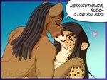 affectionate anthro big_chief_bakari_(artist) black_hair black_nose border brown_body brown_fur brown_nose cheetah duo felid feline female female/female fur hair hand_on_shoulder heart_symbol holding_another imminent_kiss kiss_on_lips kissing lion long_hair love mammal markings naturally_censored nude pantherine romantic romantic_couple rudo_tadala_(big_chief_bakari) spots spotted_markings thandiwe_sibande_(big_chief_bakari) yellow_body yellow_eyes yellow_fur