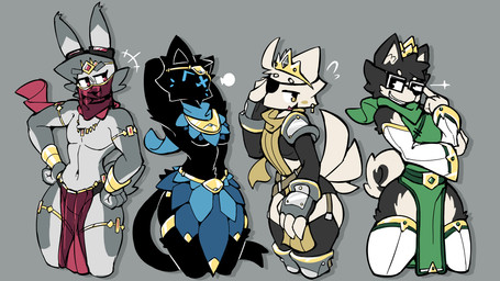 anthro armor bottomwear clothed clothing crown eye_patch eyewear glasses group headgear jewelry legwear loincloth male pauldron rectangular_glasses scarf simple_background skimpy standing thigh_highs baronflint gyero_(baronflint) ix_(baronflint) karz_(baronflint) nouvelle_(baronflint) avian canid canine felid feline lagomorph leporid mammal rabbit 16:9 hi_res widescreen