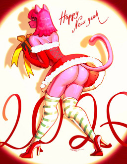 :3 anthro bangs bent_arm big_butt blue_eyes butt christmas_clothing christmas_dress clothed clothed_anthro clothed_female clothing dress eyebrow_through_hair eyebrows eyelashes female footwear fur gift green_stripes hair high_heels holding_gift holding_object holidays leaning leaning_forward legwear light looking_back medium_hair multicolored_clothing multicolored_legwear multicolored_thigh_highs pattern_clothing pattern_legwear pattern_thigh_highs pink_body pink_fur pink_hair pink_nose pink_tail red_clothing red_dress red_footwear red_high_heels shoes solo striped_clothing striped_legwear striped_thigh_highs stripes tail text thigh_highs translucent translucent_hair two_tone_clothing two_tone_legwear two_tone_thigh_highs white_clothing white_legwear white_thigh_highs year mskend_a christmas new_year new_year_2026 bubblegum_(mskend_a) domestic_cat felid feline felis mammal 2026 artist_name colored digital_drawing_(artwork) digital_media_(artwork) english_description english_text full-length_portrait hi_res lighting portrait shaded