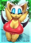 anthro big_breasts biped black_nose blue_eyeshadow breasts cleavage clothed clothing eyeshadow female hair makeup membrane_(anatomy) membranous_wings nipple_outline pupils smile solo thick_thighs water white_hair wings demonkussh sega sonic_the_hedgehog_(series) rouge_the_bat bat mammal 2024 absurd_res hi_res