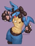 2024 anthro areola athletic athletic_anthro athletic_male canid canine cwasaunt featureless_crotch fur generation_4_pokemon hi_res looking_at_viewer lucario male mammal navel nintendo nipples nude one_eye_closed open_mouth open_smile pawpads pokemon pokemon_(species) purple_background signature silly_face simple_background smile solo spikes spikes_(anatomy) standing teeth tongue tongue_out tuft wink