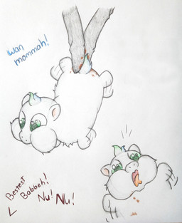 ambiguous_feral ambiguous_gender baby_talk dialogue disembodied_hand duo feces feral fur green_eyes green_hair hair lifted lifted_by_tail mostly_offscreen_character neonate open_mouth struggling tail text white_body white_fur young young_ambiguous young_feral delishdelay fluffy_pony fluffy_pony_(species) human mammal 2026 absurd_res english_description english_text hi_res traditional_media_(artwork)