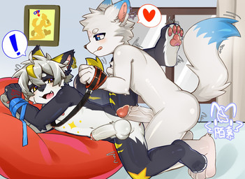 4_toes anthro anthro_on_anthro anus areola arm_tuft arms_tied balls bangs bdsm big_pillow black_body black_ears black_fur black_leash black_nose black_tail black_tuft blonde_highlights blue_ear_tips blue_eyes blue_markings blue_pupils blue_ribbon blue_tail_tip blush blush_lines bodily_fluids bondage bound brown_pupils butt cheek_tuft chest_markings chest_tuft circle_eyebrows countershade_arms countershade_butt countershade_face countershade_feet countershade_fur countershade_hands countershade_torso countershading cute_fangs dipstick_ears dipstick_tail duo ear_markings ear_piercing ear_ring elbow_tuft erection exclamation_point eyebrow_through_hair eyebrows facial_tattoo facial_tuft fangs feet fingers forehead_tattoo foreskin fur gender_symbol gender_symbol_penetration genital_fluids genitals glans grey_body grey_countershading grey_fur grey_hair grey_inner_ear_fluff grey_tuft hair hand_tattoo heart_symbol hexagram highlights_(coloring) hindpaw holding_leash holding_object humanoid_genitalia humanoid_penis imminent_anal imminent_sex inner_ear_fluff inside kemono knee_markings kneeling leash leg_markings lewd_symbolism licking licking_lips licking_own_lips looking_at_another looking_at_partner lying lying_on_bean_bag lying_on_pillow male male/male male_anthro male_symbol markings mouth_closed multicolored_body multicolored_ears multicolored_fur narrowed_eyes nude nude_anthro nude_male on_bean_bag on_pillow on_side one_fang open_mouth open_smile pawpads paws penis piercing pillow pink_anus pink_areola pink_glans pink_inner_ear pink_inner_ear_fluff pink_pawpads pink_tattoo pink_tongue pink_tuft plantigrade plantigrade_pawpads precum precum_bead pupils purple_ear_piercing purple_ear_ring purple_piercing raised_heel raised_leg red_tattoo religion religious_symbol retracted_foreskin ribbon_bondage ribbons ring_piercing short_snout smile snout speech_bubble spoken_exclamation_mark spread_legs spreading star_of_david symbol tail tail_markings tattoo teeth toes tongue tongue_out translucent translucent_hair tuft vein veiny_penis white_balls white_body white_butt white_countershading white_ears white_eyebrows white_fur white_highlights white_penis white_sclera white_tail white_tuft yellow_ear_piercing yellow_ears yellow_eyes yellow_markings yellow_piercing yellow_tail_tip shi_momuya judaism canid canine mammal hi_res picture_in_picture
