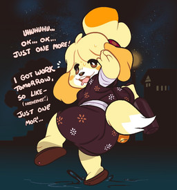 anthro blonde_hair clothed clothing drunk feet female hair soles substance_intoxication submarine_screw animal_crossing nintendo isabelle_(animal_crossing) canid canine canis domestic_dog mammal shih_tzu toy_dog