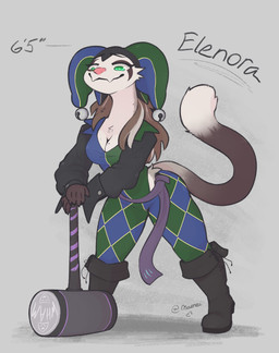 anthro bell blue_clothing blue_headwear blue_legwear blue_topwear boots breasts brown_body brown_fur brown_hair chart chest_tuft cleavage clothed clothing female fool's_hat footwear fur green_clothing green_eyes green_headwear green_legwear green_topwear hair hat headgear headwear height_chart jester leaning leaning_forward leaning_on_object leaning_on_weapon legwear long_tail maul measurements multicolored_body multicolored_clothing multicolored_fur pattern_clothing pattern_legwear purple_sash sash shoes simple_background solo stripes tail text topwear tuft white_body white_fur yellow_stripes maenei elenora_(bebop_the_hog) mammal mustelid musteline true_musteline weasel 2024 absurd_res character_name english_text hi_res signature