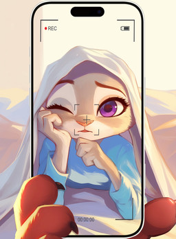 anthro cellphone clothing disembodied_hand electronics eyebrows female female_focus grey_body hand_on_face holding_cellphone holding_object holding_phone holding_smartphone offscreen_character one_eye_closed pajamas phone pink_nose purple_eyes raised_eyebrow recording smartphone under_covers tomoe00022 disney zootopia judy_hopps nick_wilde canid canine european_rabbit fox lagomorph leporid mammal oryctolagus rabbit red_fox true_fox digital_media_(artwork) hi_res