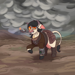alternate_universe clothed clothing female feral flamethrower hair horn open_mouth pip-boy ranged_weapon solo teats udders weapon alorix fallout fallout_equestria hasbro microsoft my_little_pony fan_character bovid bovine cattle mammal 1:1