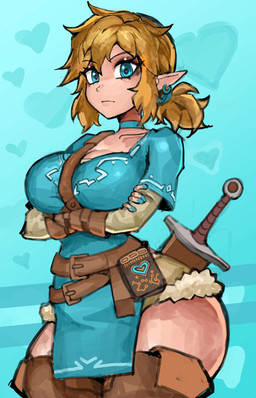 belt big_breasts blonde_hair blue_nails boots bottomwear breasts clothing colored_nails crossed_arms crossgender ear_piercing ear_ring eyeshadow female footwear gloves hair handwear heart_eyes heart_symbol legwear loincloth makeup melee_weapon mtf_crossgender nails not_furry piercing pointy_ears ponytail ring_piercing scabbard shirt shoes solo sword thick_thighs thigh_boots thigh_highs topwear tunic weapon saiykik breath_of_the_wild nintendo the_legend_of_zelda link humanoid hylian hi_res