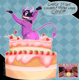 angry big_butt butt cake covered_eyes dessert dialogue food horn laugh male nude purple_body sharp_teeth short_stack slightly_chubby smile solo surprise teeth text tongue tongue_out seachord kings_of_hell boone_(misterimp) gula_(kings_of_hell) demon humanoid imp 2025 digital_drawing_(artwork) digital_media_(artwork) english_text hi_res