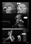 2021 ambiguous_gender anthro barefoot bed biped black_border border buckteeth canid canine clothed clothing comic dialogue dipstick_ears dipstick_tail disney duo ear_markings english_text feet fox foxxj furniture gloves_(marking) greyscale gun handgun hi_res holster inside judy_hopps lagomorph leporid male mammal markings monochrome multicolored_ears nick_wilde pistol rabbit ranged_weapon red_fox speech_bubble tail tail_markings teeth text topless true_fox weapon zootopia