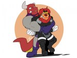 anthro armor bear_hug big_muscles boots clothing duo fangs footwear male male/male mane muscular red_mane sabertooth_(anatomy) shoes spandex teeth tight_clothing hikazedragon super_sentai uchu_sentai_kyuranger inferno_sabercat felid hybrid liger lion mammal pantherine 4:3