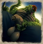 anthro balls beckoning black_sclera brown_penis claws clothed clothing erection foreskin genital_piercing genitals gesture glistening glistening_balls glistening_genitalia glowing glowing_eyes green_body green_scales hand_gesture hat_over_eyes holding_penis inviting_viewer looking_at_viewer low-angle_view male open_mouth penis penis_piercing piercing pointing pointing_at_viewer prince_albert_piercing purple_eyes scales simple_background smile solo spread_legs spreading teeth thick_foreskin vein veiny_penis worm's-eye_view carnalrabbitz fletcher_(fenriswuffy) crocodile crocodilian reptile saltwater_crocodile scalie absurd_res digital_media_(artwork) hi_res