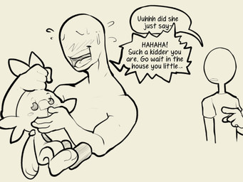 ambiguous_gender anthro blush bodily_fluids clothed clothing covering covering_mouth dialogue ear_grab female group humor nervous nervous_smile nude shirt sweat t-shirt text topwear trio itsunknownanon nintendo pokemon anon generation_8_pokemon human lagomorph mammal pokemon_(species) scorbunny 2020 4:3 english_text hi_res