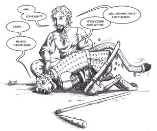 anthro armor barefoot beard biped brigandine clothing couter cuisse digitigrade duo emanata facial_hair fangs feet flail fur furgonomics gloves hair handwear mace male male_anthro markings melee_weapon messer_(sword) open_mouth open_smile pain pauldron paws poleyn rerebrace smile spots spotted_body spotted_fur standing tail_armor teeth text vambrace weapon 0laffson enorach_(0laffson) lars_(0laffson) cheetah felid feline human mammal 2025 english_text hi_res traditional_media_(artwork)