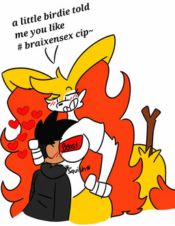 anthro big_breasts black_clothing black_hair black_hoodie black_topwear blush blush_lines breasts cheek_tuft clothing duo eyebrows facial_tuft female female_anthro floating_heart fur hair hand_on_head hashtag head_between_breasts heart_symbol hearts_around_head hoodie human_on_anthro imminent_sex inner_ear_fluff interspecies intimate larger_female male male/female male_human multicolored_body multicolored_tail object_in_tail orange_body orange_fur pokephilia print_clothing print_shirt print_t-shirt print_topwear raised_eyebrows shirt simple_background simple_eyes size_difference smile sound_effects stick stick_in_tail t-shirt tail tall_female tan_body tan_skin text topwear tuft white_arms white_background white_cheeks white_clothing white_shirt white_topwear yellow_body yellow_fur yellow_tail hotshotisakuhnt1500 nintendo pokemon cip braixen generation_6_pokemon human humanoid mammal pokemon_(species) english_text flat_colors hi_res upscale