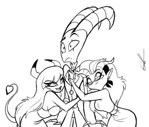 accessory breasts clothing costume female group group_hug hair hair_accessory hairband harem horn hug hugging_another humanoid_pointy_ears long_hair male male/female pointy_ears raised_tail tail chio_ars hellaverse helluva_boss blitzo_(helluva_boss) mrs._mayberry_(helluva_boss) verosika_mayday demon humanoid succubus hi_res monochrome