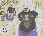 anthro big_breasts bone breasts clothed clothing eyes_closed female group happy male mature_anthro mature_female shirt skeleton t-shirt text topwear trio under10mato undertale undertale_(series) frisk_(undertale) sans_(undertale) toriel animated_skeleton boss_monster_(undertale) bovid caprine human mammal undead 2020 japanese_text translated