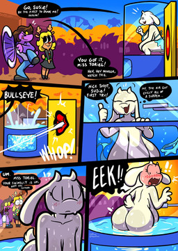 amusement_ride anthro antlers big_breasts big_butt bikini blonde_hair blush bottomwear breasts brown_hair buckteeth butt carnival_game cleavage clothed clothing denim denim_bottomwear denim_clothing dialogue dunk_tank embarrassed eyes_closed fangs female ferris_wheel footwear group hair horn huge_breasts jacket jeans long_hair mature_anthro mature_female nude oblivious open_mouth overweight overweight_anthro overweight_female pants rear_view sagging_breasts shirt shoes skirt smile speech_bubble swimwear tail teeth text thick_thighs tongue tongue_out topwear trio two-piece_swimsuit underwater underwater_view wardrobe_malfunction water wide_hips theenfman deltarune undertale_(series) noelle_holiday susie_(deltarune) toriel boss_monster_(undertale) deer mammal reptile scalie comic english_text hi_res
