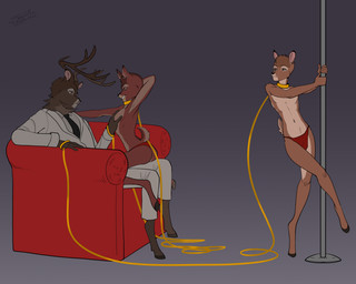 adolescent anthro bdsm bondage bottomwear bound clothing collar group leash loincloth male male/male pole slave stripper stripper_pole young sofi_harper bambi_(film) disney bambi ronno the_great_prince_of_the_forest deer mammal mule_deer new_world_deer 5:4 hi_res