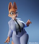 5_fingers anthro big_breasts blue_background breasts clothed clothing eyewear female fingers fully_clothed fur glasses gradient_background huge_breasts simple_background smile solo suit chunkerbuns dreamworks the_bad_guys diane_foxington canid canine fox mammal 2021 3d_(artwork) digital_media_(artwork) hi_res