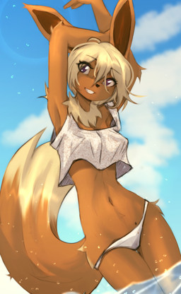 anthro biped breasts clothed clothed_anthro clothed_female clothing day female fingers fur hair looking_at_viewer navel outside panties sky smile solo tail teeth underwear tinygaypirate nintendo pokemon eevee generation_1_pokemon pokemon_(species) 2026 absurd_res digital_drawing_(artwork) digital_media_(artwork) hi_res