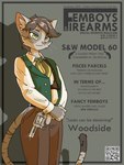 2022 3:4 4_fingers anthro bottomwear brown_bottomwear brown_clothing brown_pants clothing cover domestic_cat felid feline felis femboy fingers fur green_clothing green_eyes green_topwear green_vest grey_body grey_fur gun handgun hi_res holding_gun holding_object holding_ranged_weapon holding_weapon holster inner_ear_fluff magazine_cover male mammal marcus_gray necktie pants qr_code ranged_weapon revolver s&w_m60 shirt smith_&_wesson solo standing tail topwear trigger_discipline tuft vest weapon white_clothing white_shirt white_topwear woodside