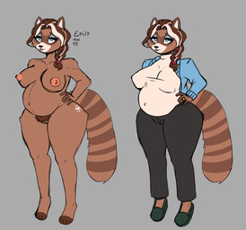 anthro blue_eyes breasts brown_body brown_fur brown_hair digit_ring female fur genitals hair jewelry mature_female nipples pregnant pregnant_female pubes ring vulva wedding_ring white_hair omegamax emily_(omegamax) mammal procyonid raccoon hi_res