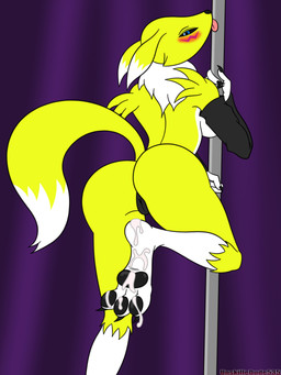 armwear barefoot black_sclera blue_eyes blush bodily_fluids breasts butt camel_toe claws clothing cum cum_on_feet dancing elbow_gloves facial_markings feet female fur genital_fluids gloves handwear head_markings licking long_tail looking_at_viewer looking_back markings multicolored_body multicolored_fur pawpads paws pole pole_dancing rear_view seductive simple_background soles solo stripper stripper_pole tail thong toe_claws tongue tongue_out two_tone_body two_tone_fur underwear white_body white_fur yellow_body yellow_fur unskilledude535 bandai_namco digimon canid canine digimon_(species) mammal renamon 3:4 hi_res signature watermark