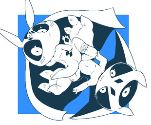 3_eyes 4_arms antennae_(anatomy) anthro black_sclera blue_background blush duo floating looking_at_another looking_at_viewer male male/male multi_arm multi_eye multi_limb navel shota simple_background sitting spread_legs spreading touching_crotch young young_anthro doneru a_(doneru) m_(doneru) alien blue_and_white monochrome