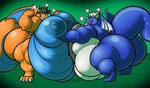 2024 absurd_res ahnik anthro blue_body blue_scales conditional_dnp dragon duo green_background heart_symbol hi_res horn male male/male moobs morbidly_obese mythological_creature mythological_scalie mythology nipples obese orange_body orange_scales overweight reptile scales scalie simple_background wings