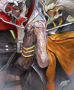 anthro belt biped black_body black_legs bodily_fluids bottomwear close-up clothing comparing comparing_penis cutaway duo erection frottage genitals glans humanoid_genitalia humanoid_penis jacket leg_strap looking_at_another's_penis looking_at_genitalia looking_at_own_penis looking_at_penis looking_at_self machine male male/male mane metallic_body orange_bottomwear orange_clothing pecs penile penis penis_poking_out penis_through_fly penises_touching red_clothing red_jacket red_topwear sex shendyt silver_body sweat topwear tron_lines vein veiny_penis white_mane barayot mihoyo zenless_zone_zero banyue_(zenless_zone_zero) billy_kid android felid humanoid mammal pantherine robot robot_anthro robot_humanoid 2025 absurd_res hi_res