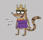 anthro bra_stuffing clothing crown cursed dialogue dress featureless_crotch food fruit headgear looking_at_viewer male orange_(fruit) plant simple_background solo tail text noodlestoat burger_king cartoon_network regular_show rigbette_(benson_dancing) rigby_(regular_show) mammal procyonid raccoon 2023 hi_res