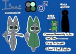 :3 blue_background cloak clothed clothing fur gender_symbol green_cloak green_clothing green_sclera grey_body grey_fur height_comparison male simple_background solo standing symbol t-pose tail text thick_thighs tuft wide_hips gooblie_2 isaac_(gooblie_ii) domestic_cat felid feline felis mammal absurd_res english_text hi_res model_sheet