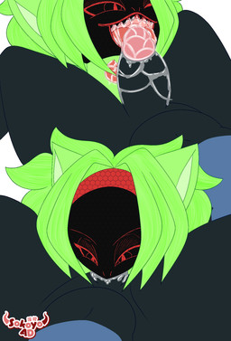 anthro bodily_fluids duo erection fellatio food fruit fur genitals green_body green_fur humanoid_genitalia licking machine male male/male male_penetrating melon nude open_mouth oral oral_penetration penetration penile penis penis_lick plant protogen_visor saliva sex tongue tongue_out watermelon sokoyo_owo protogen hi_res
