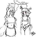 anthro bottomwear clothed clothing crop_top crossdressing dialogue duo ear_piercing ear_ring eyewear female glasses lingerie male male/female navel nipples open_nipple_bra panties piercing ring_piercing scut_tail shirt short_tail skirt smile tail text topwear underwear yan karina_(catjam) yan_(character) canid canine canis deer domestic_dog mammal english_text sketch nonbinary_(lore)