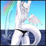 anthro arms_above_head biped black_border border bulge clothed clothing crown hair headgear long_hair male panties partially_clothed partially_submerged rainbow rear_view scales sea sky solo splash standing swimwear tail underwear water white_body white_hair white_scales wings monstercheetah mythology tasla_venhyle dragon mythological_creature mythological_scalie scalie 1:1 digital_media_(artwork) hi_res shaded