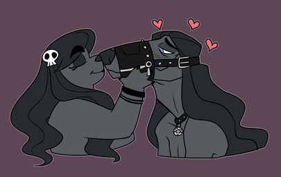 accessory alternative_fashion blue_eyes collar duo eyes_closed female goth grey_body grey_hair hair hair_accessory heart_symbol inverted_pentagram long_hair male male/female muzzle_(object) muzzled nose_to_nose occult_symbol pentagram purple_background simple_background smile symbol cadaverrdog bird_dog borzoi canid canine canis cocker_spaniel domestic_dog hunting_dog mammal sighthound spaniel 2016