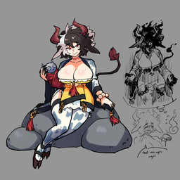 5_claws animal_print animal_print_thigh_highs beaded_bracelet beaded_jewelry beads big_breasts black_hair blush blush_lines bodily_fluids bracelet breasts claws cleavage closed_smile clothed clothing cow_print cow_print_thigh_highs curvy_figure decapitation_scar dipstick_tail eyebrow_through_hair eyebrows fangs female fire flaming_hair floppy_ears fluffy fluffy_hair footwear grey_background hair holding_statue horn hucow huge_breasts jewelry legwear long_tail long_tongue markings mouth_closed narrowed_eyes neck_scar open_mouth pattern_clothing pattern_legwear pattern_thigh_highs pseudo_hair red_eyes redesign rock sandals sculpture shadow_face shirt shoes simple_background sitting smile smiling_at_viewer socks_with_sandals solo speech_bubble statue sweat sweatdrop tail tail_markings tail_tuft teeth thick_thighs thigh_highs thought_bubble tongue topwear translucent translucent_hair tuft waving_hand white_hair wide_hips yellow_clothing yellow_shirt yellow_topwear kaibootsu touhou urumi_ushizaki animal_humanoid bovid bovid_humanoid bovine bovine_humanoid cattle_humanoid horned_humanoid humanoid mammal mammal_humanoid spirit 1:1 2024 absurd_res hi_res