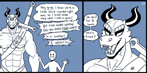 ambiguous_gender anthro duo horn humor larger_anthro larger_male male melee_weapon muscular muscular_anthro muscular_male prostitution sharp_teeth simple_background size_difference smaller_ambiguous smaller_human smile sword teeth text weapon 60percentscalie mythology brothel_dragon_(60percentscalie) dragon human mammal mythological_creature mythological_scalie scalie english_text hi_res monochrome