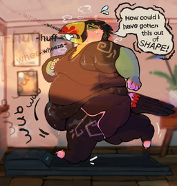 anthro beak blue_eyes blue_sclera blush blush_lines bodily_fluids bottomwear breath clothing feather_markings feathers male markings motion_lines obese obese_male onomatopoeia open_beak open_mouth overweight overweight_male painting_(object) plant plant_pot shirt shorts solo sound_effects speech_bubble standing sweat tank_top text topwear torn_clothing treadmill holidaysoftfox mythology rafe avian bird gryphon keel-billed_toucan mythological_avian mythological_creature toucan true_toucan english_text hi_res