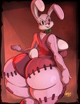 2024 absurd_res anthro big_breasts big_butt bow_tie breasts butt clothing female hi_res huge_butt jaeh konami lagomorph leporid looking_at_viewer looking_back mammal pink_body rabbit red_nose robbie_the_rabbit_(silent_hill) silent_hill solo stitch_(sewing) tail thick_thighs