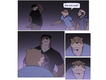anthro beard bodily_fluids clothed clothing crying dialogue facial_hair group male muscular overweight simple_background smile speech_bubble tears text trio phwog echo_(game) echo_(series) echo_project carl_hendricks chase_hunter sydney_bronson asian_small-clawed_otter bighorn_sheep bovid caprine lontra mammal mustelid north_american_river_otter otter river_otter sheep 4:3 comic english_text hi_res