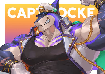 anthro barazoku black_body black_clothing black_scales black_sclera black_shirt black_tank_top black_topwear clothing dog_tags fin flexing flexing_bicep gloves grin handwear hat head_fin headgear headwear jacket looking_at_viewer male multicolored_body multicolored_scales muscular muscular_anthro muscular_male nipples peaked_cap pecs purple_body purple_scales scales shirt sleeveless_jacket smile solo tank_top text topwear vein veiny_muscles white_body white_clothing white_gloves white_handwear white_hat white_headwear white_jacket white_scales white_topwear yellow_eyes derishasm_paati hiu_kentang xxl_woofia captain_locke_(xxl_woofia) aquatic fish shark 2026 artist_name character_name hi_res