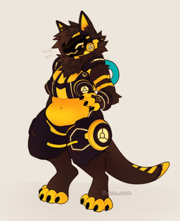 anthro female machine protogen_visor smile solo standing tail yellow_body yellow_skin jinxit mamagen protogen 2022 hi_res