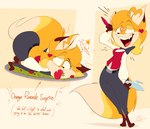 anthro apple apple_in_mouth big_butt breasts butt directional_arrow female food fruit holding_object holding_pen lying midriff notebook on_front open_mouth open_smile pen plant smile solo standing tail text tray waiter wide_hips silentjack jasmin_(jasminthemanticore) canid canine fox mammal 2025 english_text hi_res signature