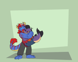 3_toes 4_fingers angry anthro barefoot bear_hug big_arms black_hair blue_body body_spikes bottomwear claws clothed clothing cuddling dominant dominant_anthro duo facial_hair facial_markings fangs feet fin fingers forearms frown goatee grey_hair grumpy hair happy head_markings hoodie horn hug larger_male long_hair long_torso male male/male markings mohawk multicolored_body mutton_chops pants pear-shaped_figure piercing pink_eyes pointy_ears purple_body red_hair scowl short_legs simple_background size_difference sleeveless_hoodie slightly_chubby slightly_chubby_male smaller_male smile spikes stripes suspenders tail tail_fin tail_tuft tan_body teeth thick_arms thick_forearms thick_tail toes topwear torn_clothing tuft wide_hips yellow_body knaveofclubs mythology rakeesh slug_(knaveofclubs) aquatic dragon fish kobold mythological_creature mythological_scalie porcupinefish pufferfish scalie tetraodontiform 2026 5:4 colored colored_line_art digital_media_(artwork) hi_res