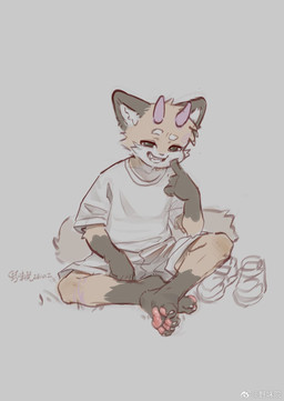 4_toes 5_fingers anthro barefoot bottomwear brown_body brown_ears brown_fur brown_paws cheek_tuft circle_eyebrows claws clothed clothing cute_fangs dipstick_ears discarded_footwear ear_markings eyebrows facial_tuft fangs feet finger_to_cheek fingers foot_fetish foot_focus footwear fox_ears fox_tail fur gesture gloves_(marking) grass green_eyes hand_gesture horn inner_ear_fluff leg_markings looking_at_viewer male markings multicolored_ears orange_body orange_fur pawpads paws pink_pawpads plant pointing pointing_at_self purple_horn shirt shoes shoes_removed shorts simple_background sitting sitting_on_ground smile smiling_at_viewer smirk smirking_at_viewer sneakers socks_(marking) solo tan_background teasing teasing_viewer teasing_with_feet teeth teeth_showing text toe_claws toes topwear tuft weibo_logo white_body white_bottomwear white_clothing white_eyebrows white_fur white_inner_ear white_inner_ear_fluff white_shirt white_shorts white_topwear young young_anthro young_male teien weibo canid canine canis demon fox hybrid mammal chinese_text hi_res signature