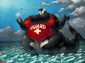 4_fingers anthro belly big_breasts black_body breast_squish breasts camel_toe clothing cloud eyes_closed female fingers holding_object huge_breasts lifeguard lifeguard_swimsuit long_tail macro navel_outline nipple_outline open_mouth open_smile outside overweight overweight_anthro overweight_female sea sharp_teeth sky smile squish tail teeth thick_tail thick_thighs tight_clothing water white_body wide_hips 33millionsnails aquatic cetacean dolphin mammal oceanic_dolphin orca toothed_whale 2025 hi_res signature